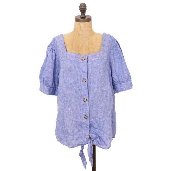 TALBOTS Plus Linen Tie Waist Top X (0X) Cross Dye Blue Button Up Blouse NWT B68 - Picture 2 of 6
